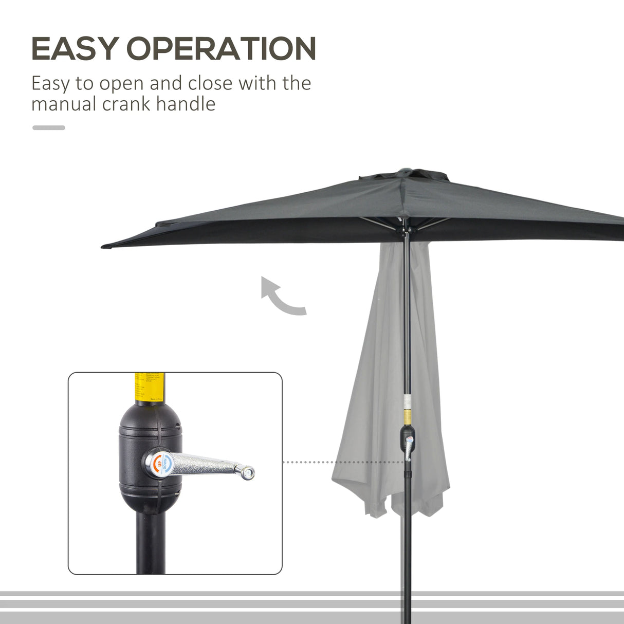 Outsunny 3(m) Half Parasol, Semi Round Umbrella with Metal Frame, Crank Handle for Balcony, Garden, Black