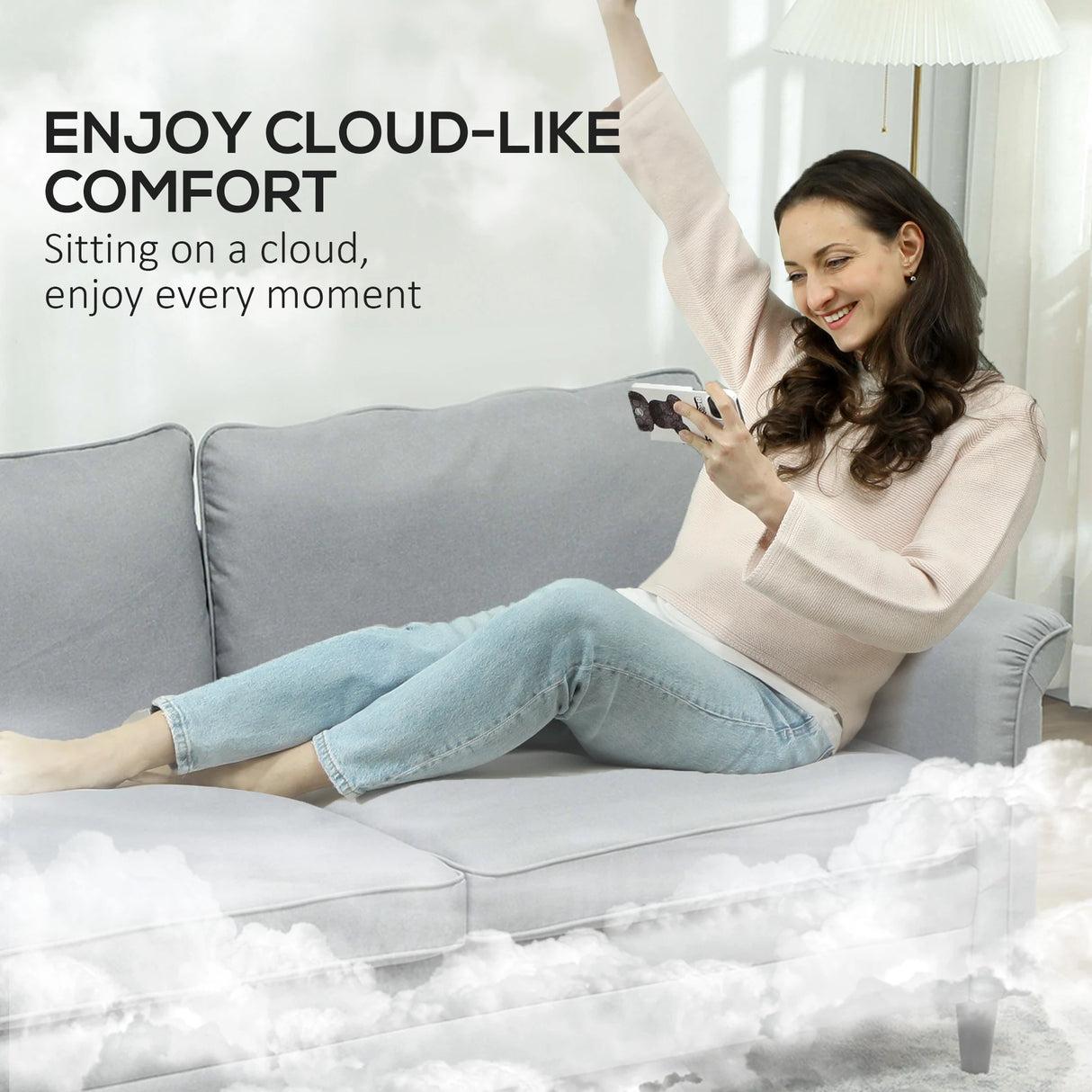 HOMCOM 3 Seater Sofa, Modern Fabric Sofa Couch with Spring Cushion, Rubber Wood Legs, 191cm Upholstered Settee for Living Room, Bedroom, Home Office, Guest Room, Grey