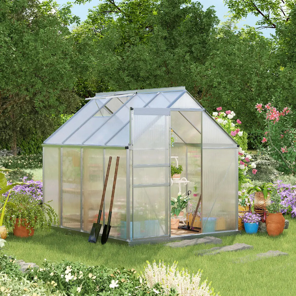 Outsunny 190 x 253 cm Walk-In Polycarbonate Greenhouse - Silver-Tone