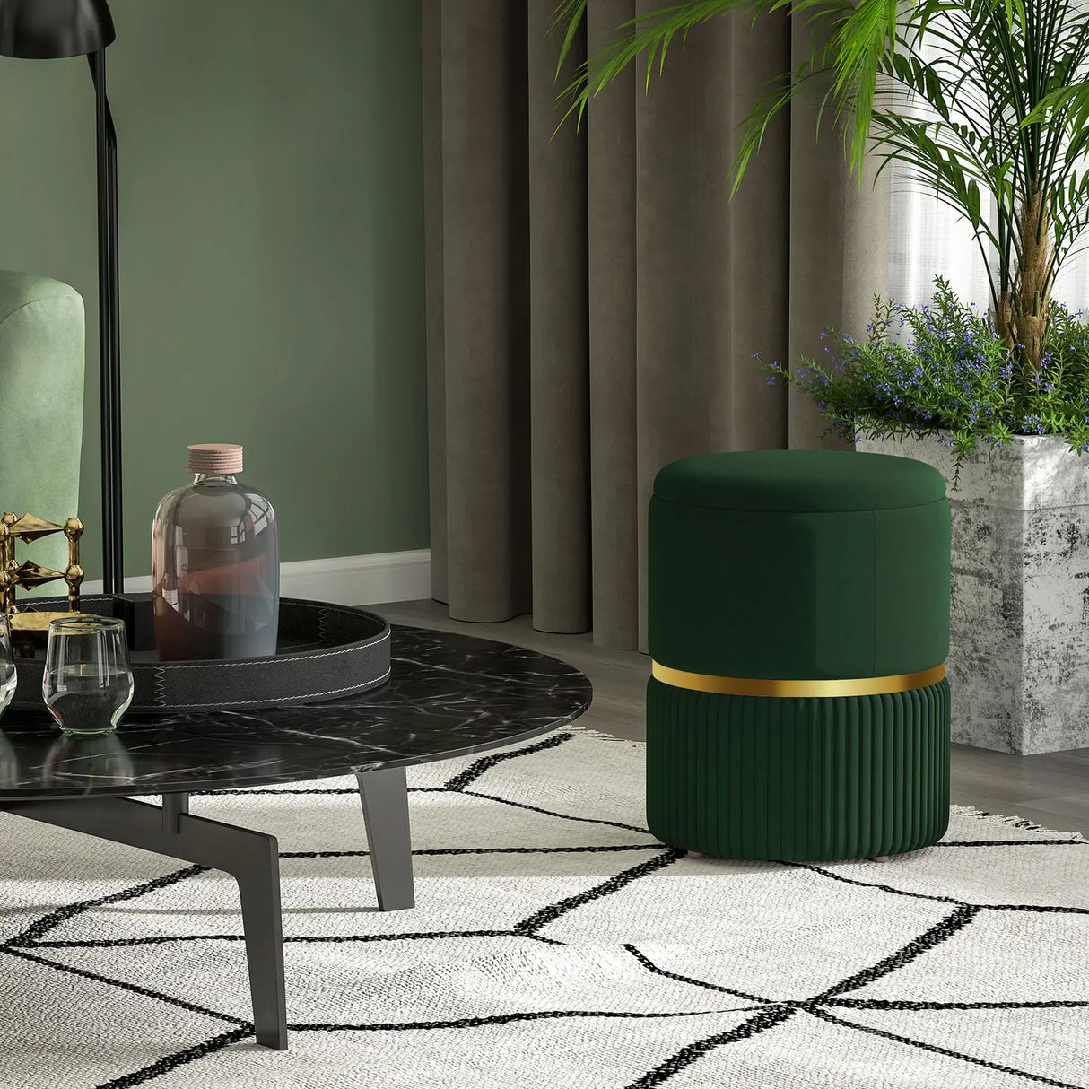 HOMCOM Velvet-Feel Storage Ottoman - Green