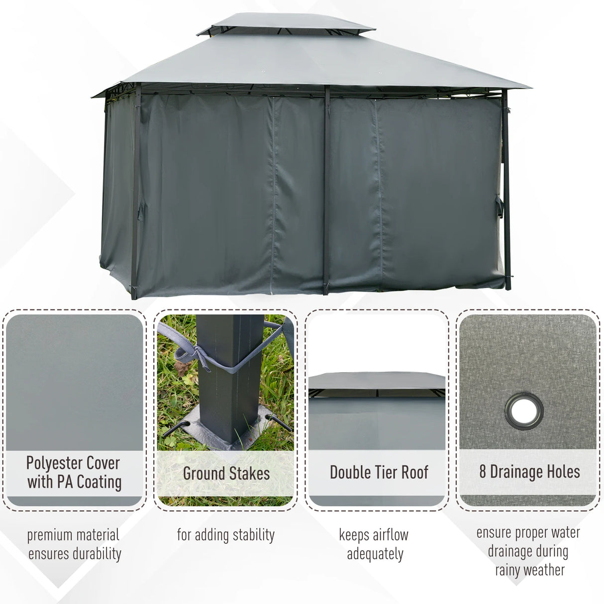 Outsunny 4m x 3(m)Garden Gazebo, Double Roof Outdoor Gazebo Canopy Shelter with Curtains, Solid Steel Frame for Lawn and Deck, Grey