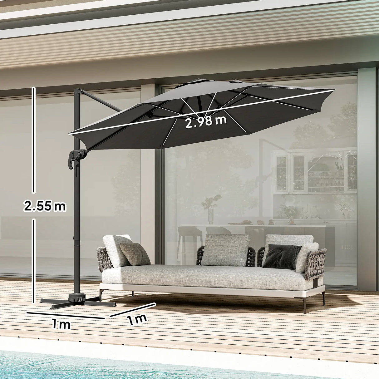 Outsunny 3(m) Adjustable Cantilever Parasol with Base, Solar LED Lights, Dark Grey