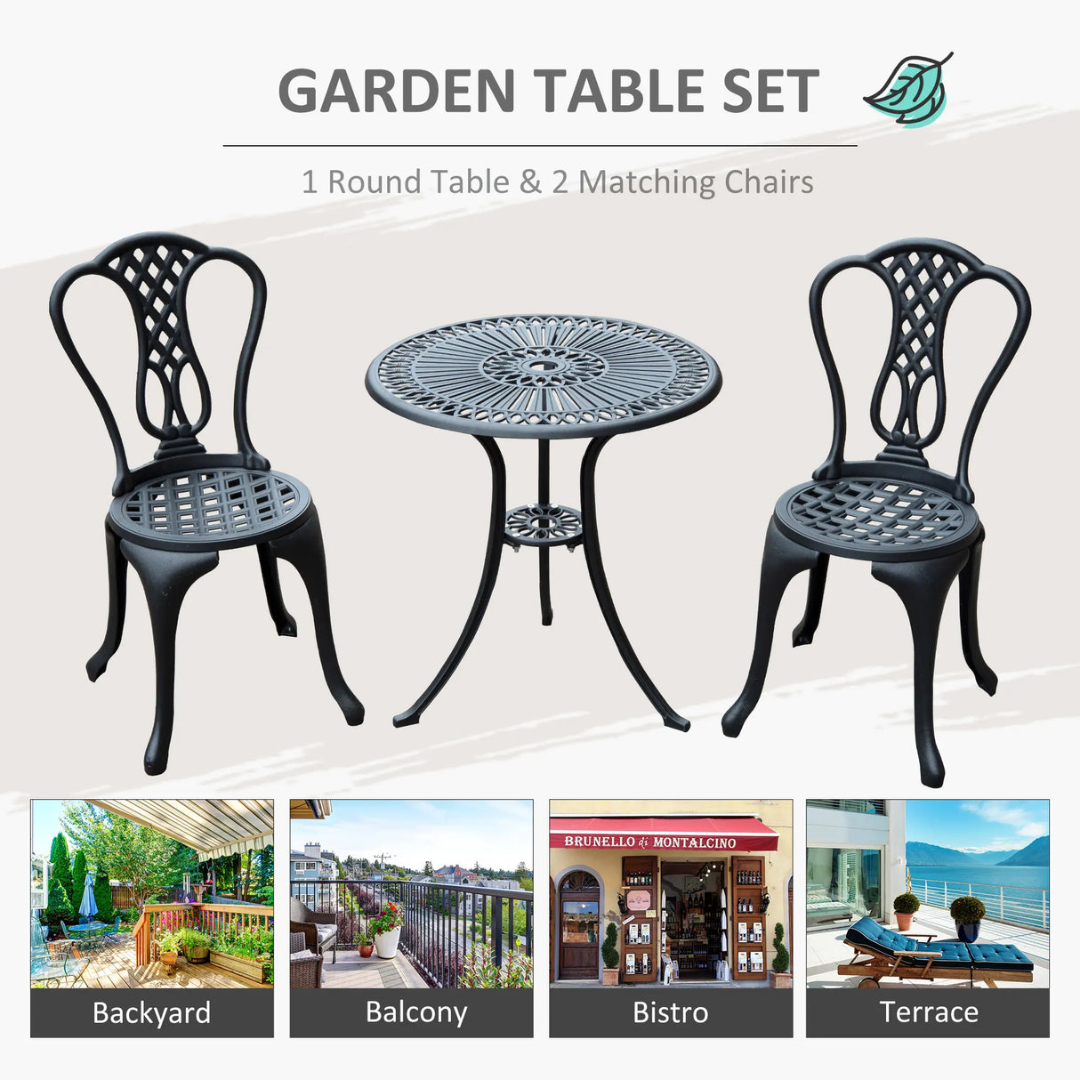 Outsunny 3 Piece Patio Cast Aluminium Bistro Set Garden Outdoor Furniture Table and Chairs Shabby Chic Style