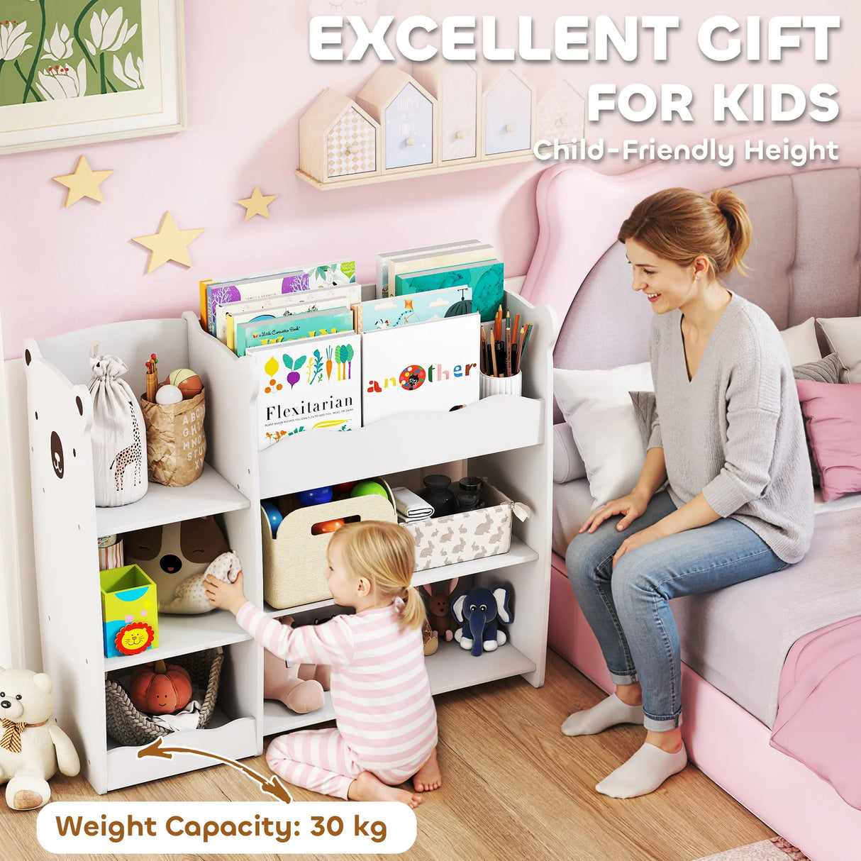 AIYAPLAY Kids Toy Storage Unit, Bear Design Kids Bookshelf and Toy Organiser, for Bedroom, Nursery, Playroom, White