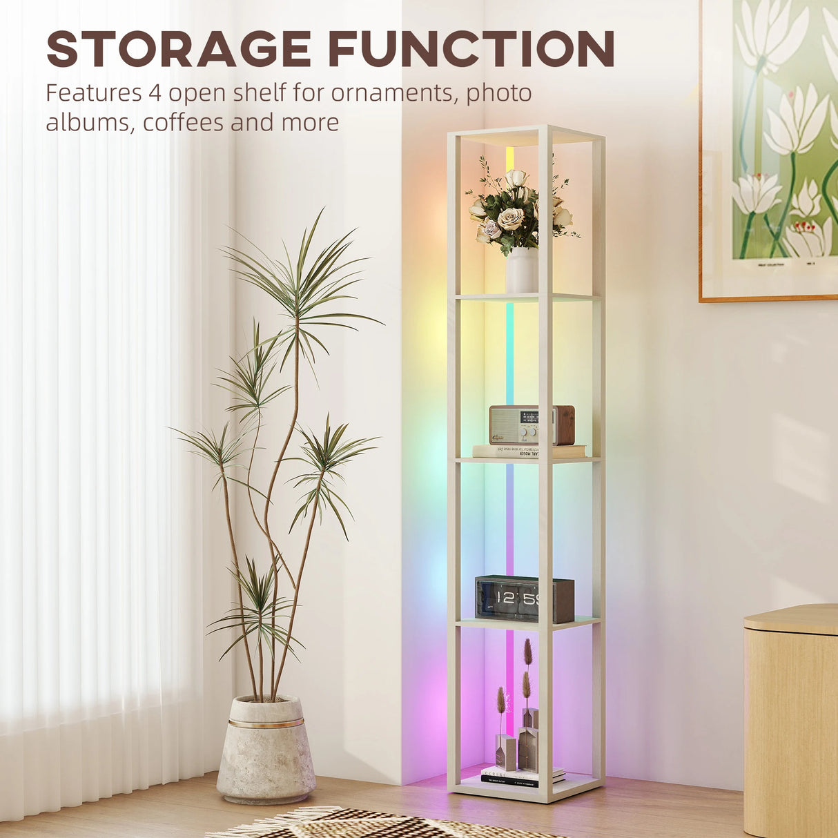 HOMCOM RGB LED Floor Lamp with Shelves, Modern Dimmable Standing Lamp with Remote Control, Adjustable Brightness & Speed for Living Room, Bedroom, Office, Oak