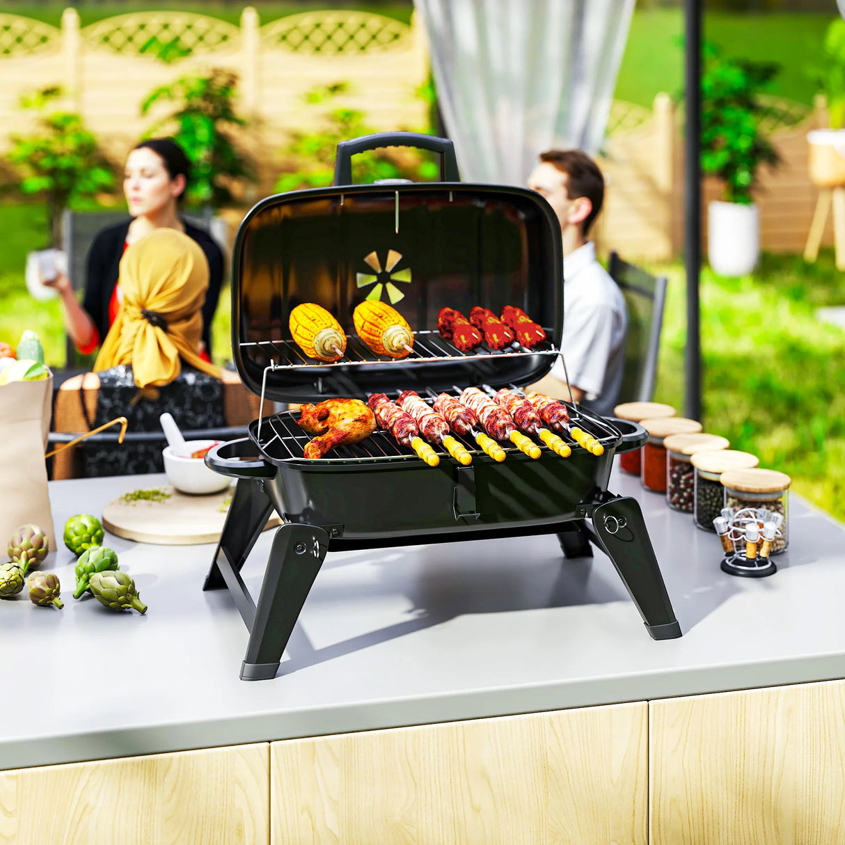 Outsunny Charcoal Barbecue Grill Folding BBQ Grill with 1232 cm2 Cooking Area, Adjustable Vent, Thermometer, Handles for Camping Picnic, Black