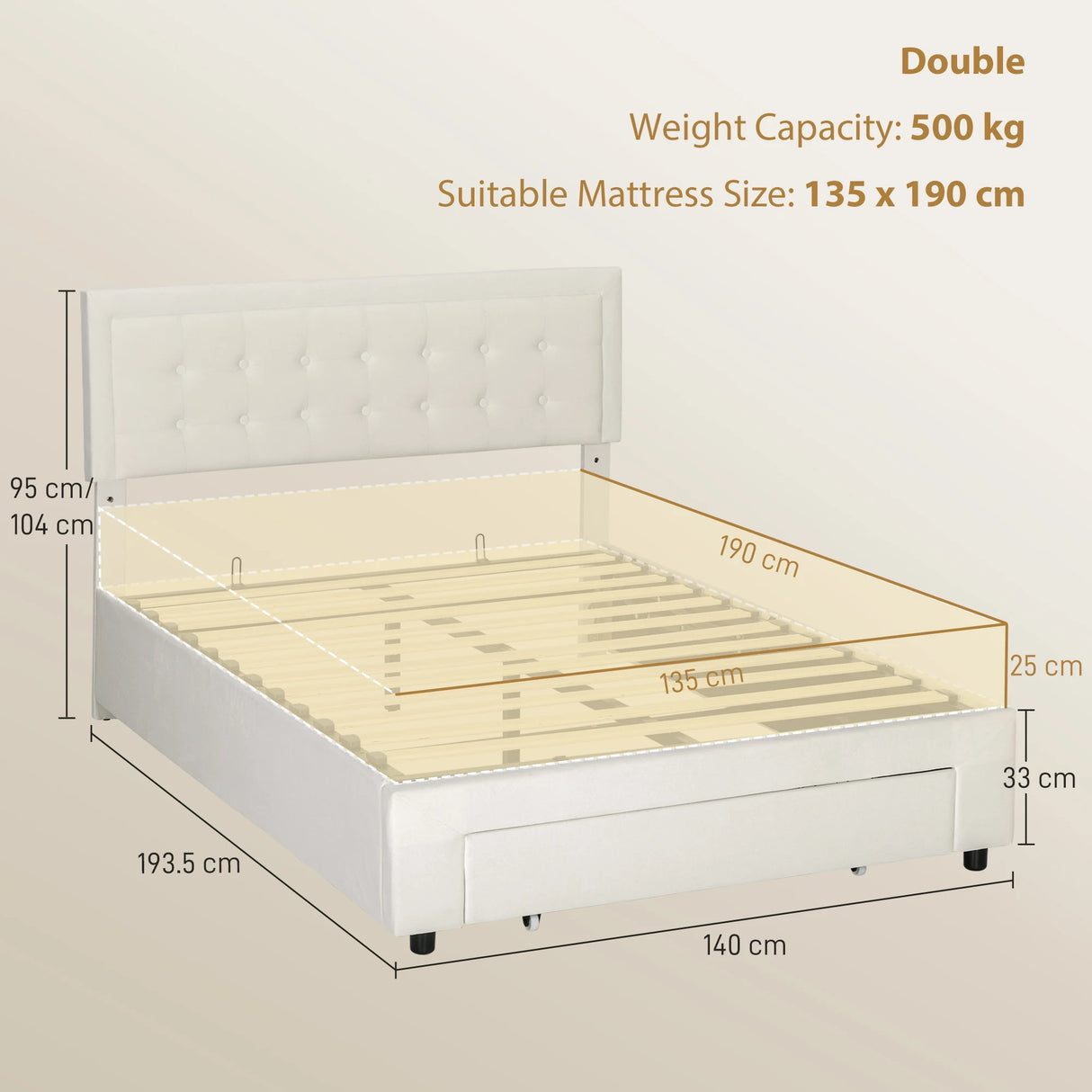 HOMCOM Double Ottoman Bed Frame, with Front Drawer - Cream