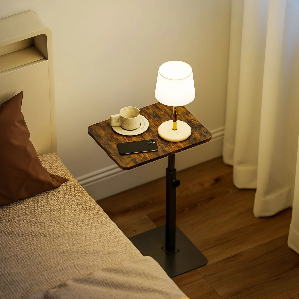 HOMCOM C Shaped Side Table, Small End Table with Adjustable Height and Metal Base for Living Room, Bedroom, Rustic Brown