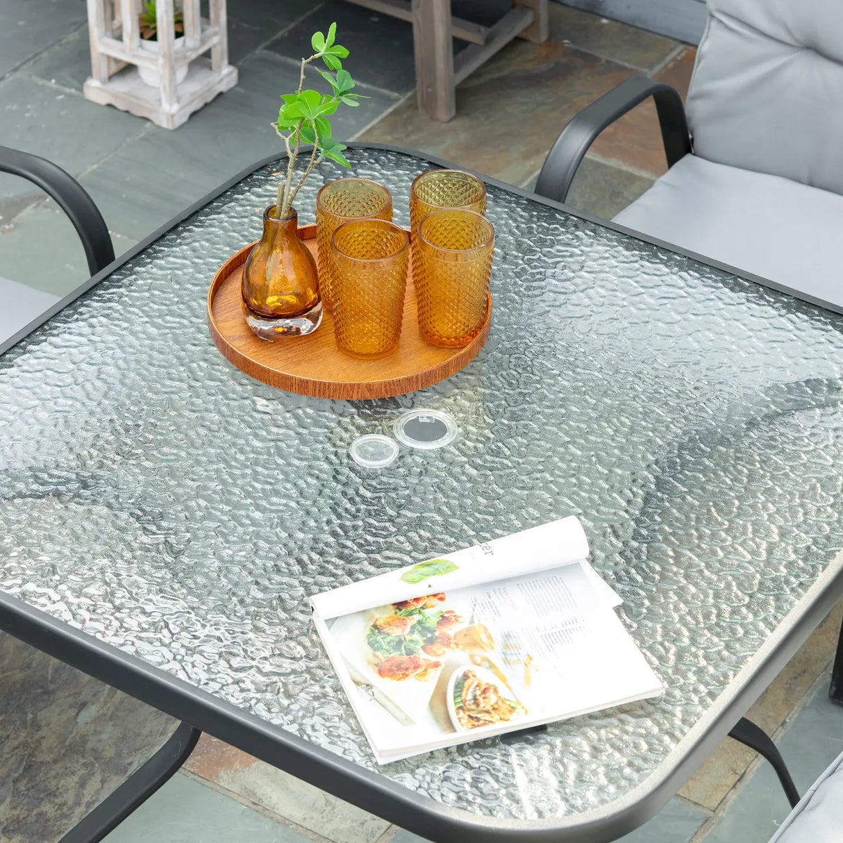 Outsunny 5 Pieces Outdoor Square Garden Dining Set w/ Tempered Glass Dining Table 4 Cushioned Armchairs, Umbrella Hole, Grey
