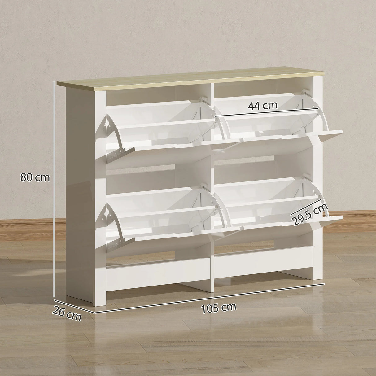 HOMCOM Slim Shoe Cabinet, Narrow Shoe Cupboard with 4 Flip Drawers, Adjustable Shelves for 16 Pairs of Shoes, White