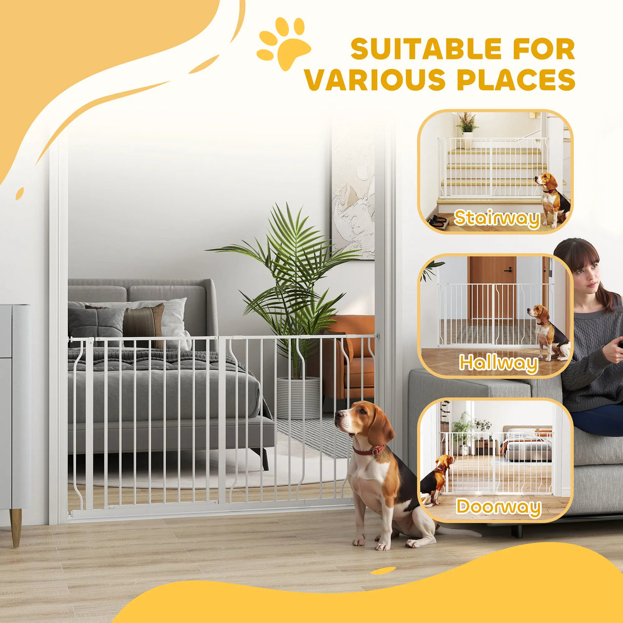 PawHut Extra Wide Dog Safety Gate, with Door Pressure, for Doorways, Hallways, Staircases - White