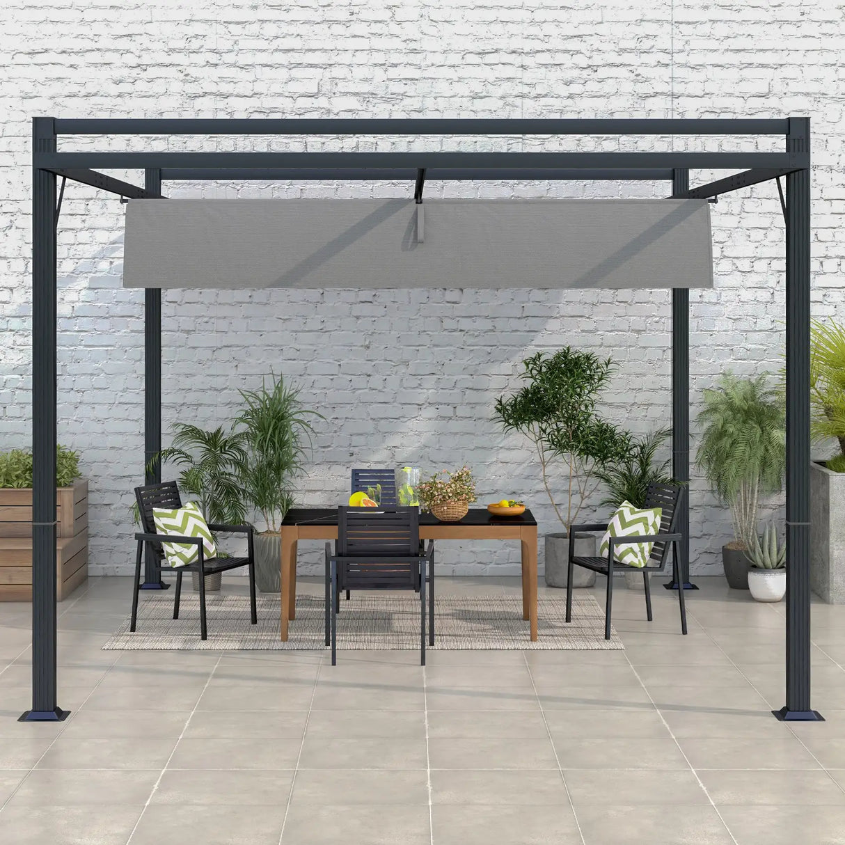 Outsunny Aluminium Pergola with Retractable Roof, 3x4m Garden Shelter for Patio Deck in, Dark Grey