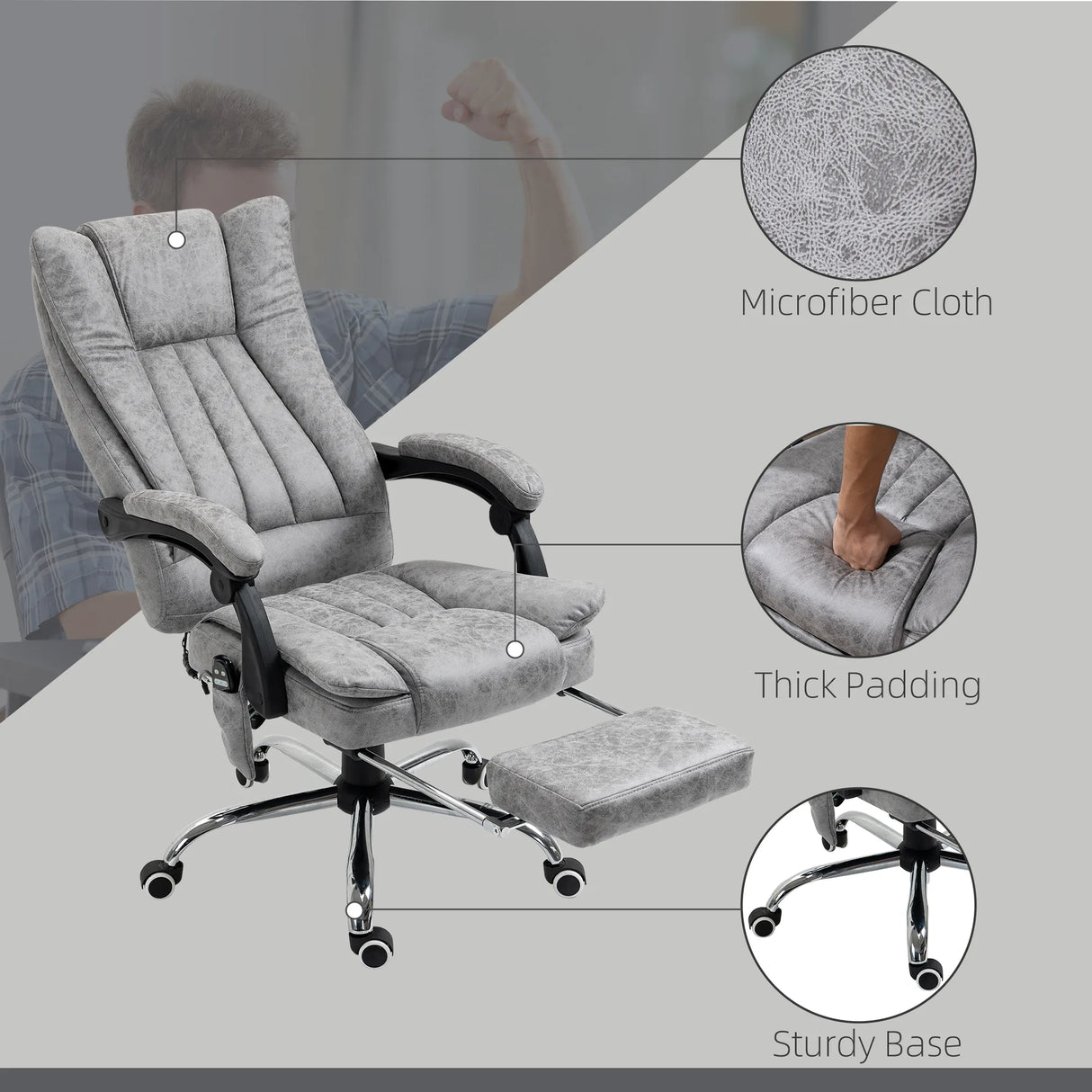 Vinsetto Office Chair with Massage and Heat, Microfibre Reclining Computer Desk Chair with Footrest and Adjustable Height, Swivel Wheels for Home Office, Grey
