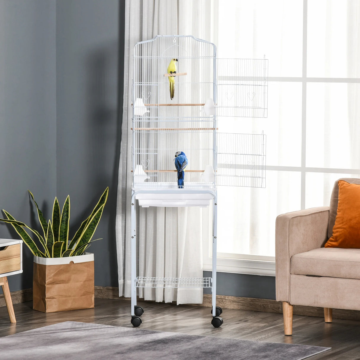 PawHut Bird Cage Budgie Cages for Finch Canary Parakeet with Stand Wheels Slide-out Tray Accessories Storage Shelf, White 46.5 x 36 x 157 cm