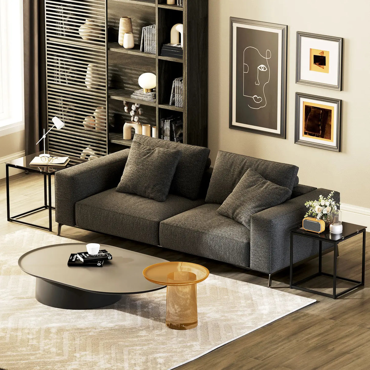 HOMCOM Nest of Tables, Set of 2 Coffee Table, Side Tables with Tempered Glass Desktop and Metal Frame for Living Room, Bedroom, Office, Black