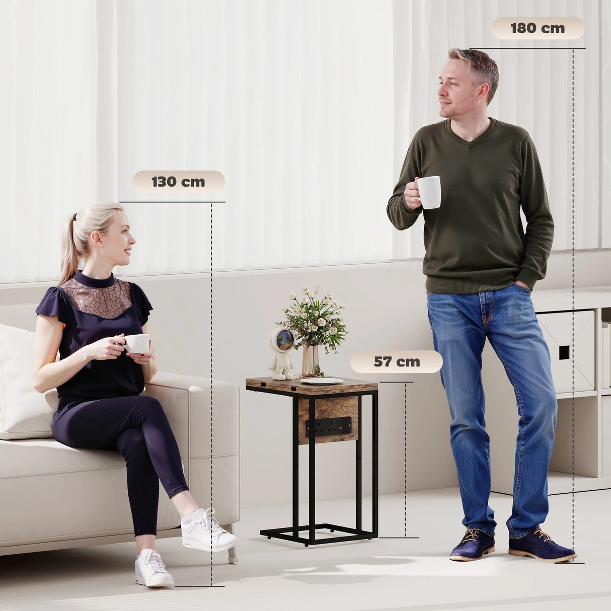 HOMCOM C Shaped Side Table with Charging Station and Foldable Top - Rustic Brown