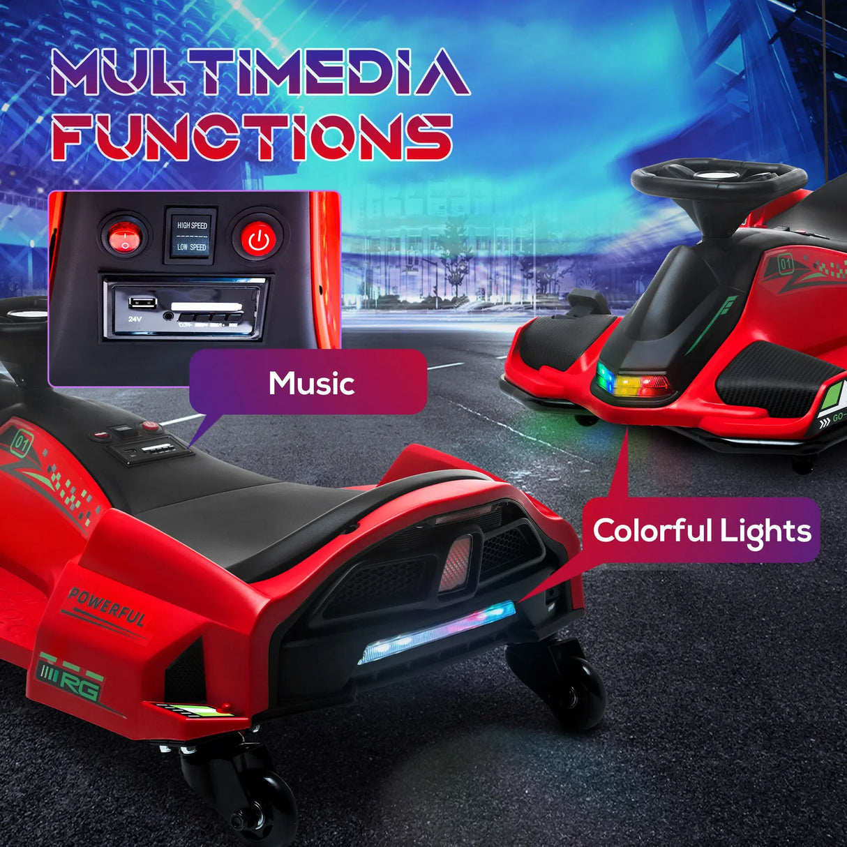 HOMCOM 12V Kids Electric Go Kart with Music, LED Lights, Slow Start, Red