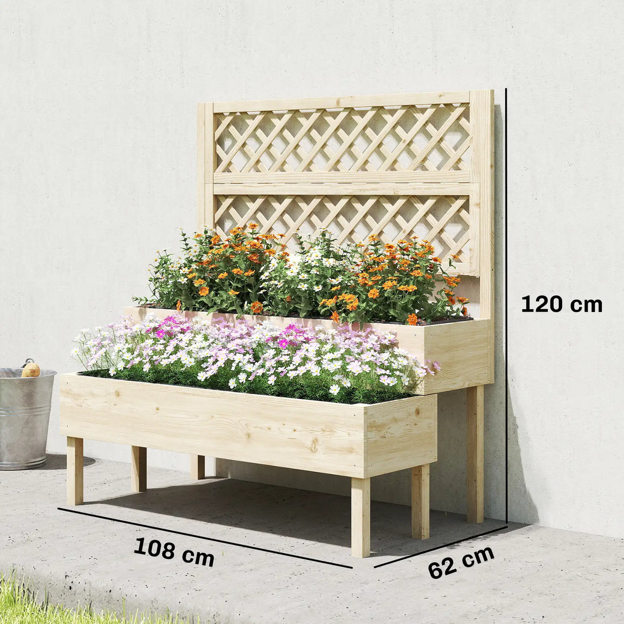 Outsunny Raised Garden Bed 2-Tier Stepped Design Planter Box with Trellis for Climbing Plants 108x62x120 cm
