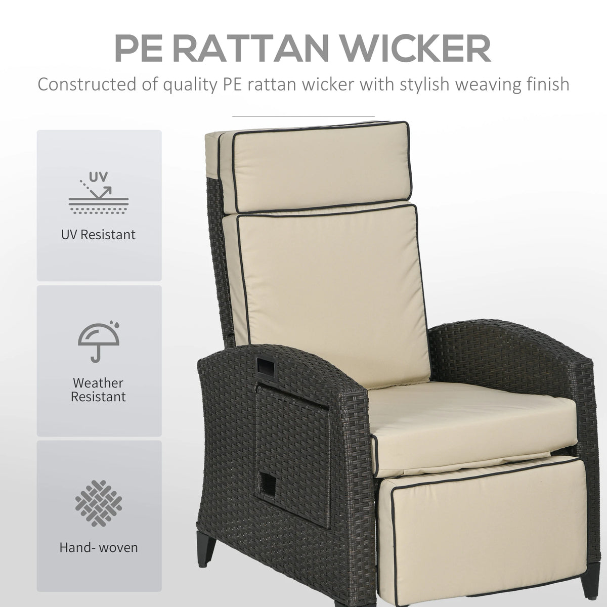 Outsunny Outdoor Recliner Chair with Adjustable Backrest and Footrest, Cushion, Side Tray, Khaki/Brown