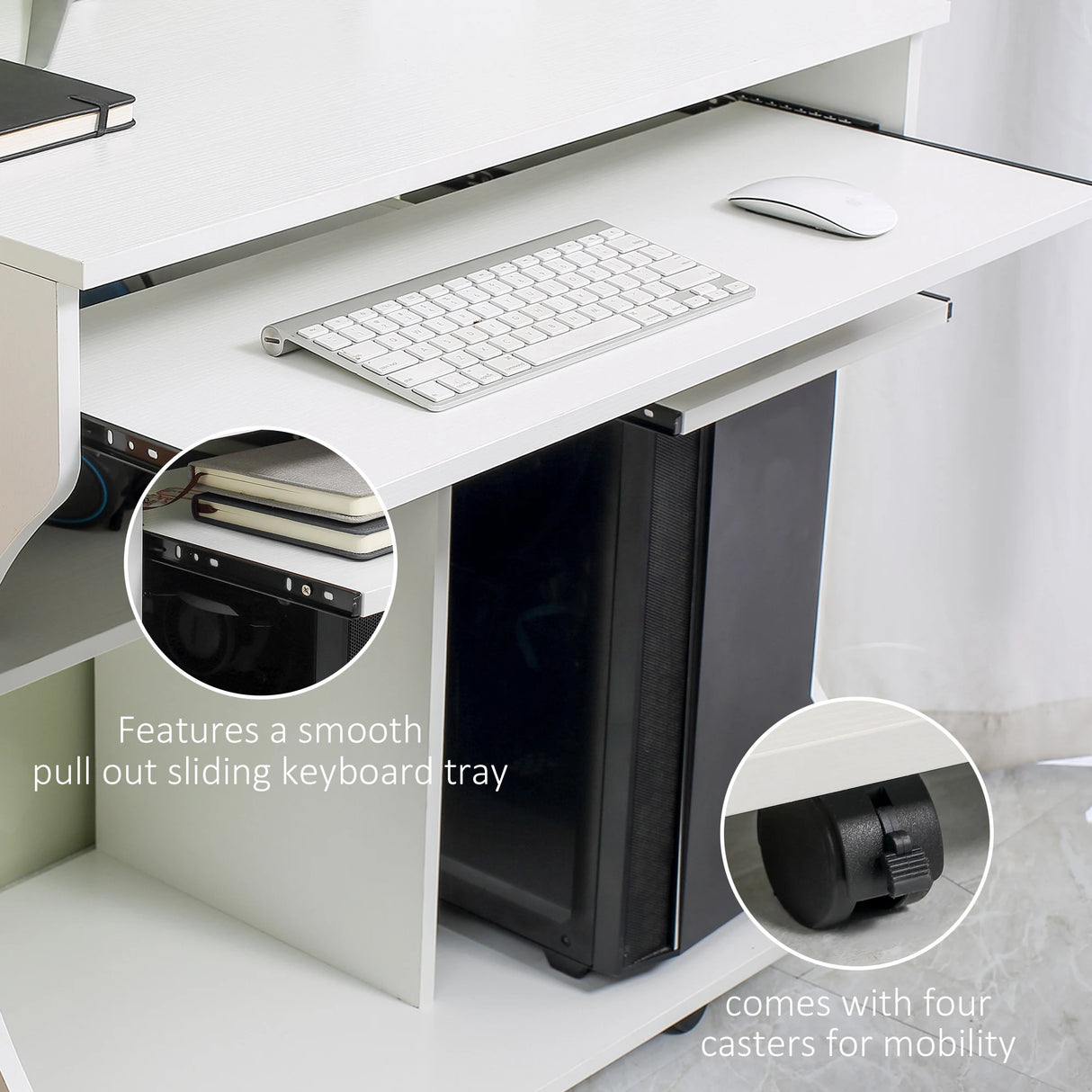 HOMCOM Multi-Storage Compact Work Desk, with Wheels - White