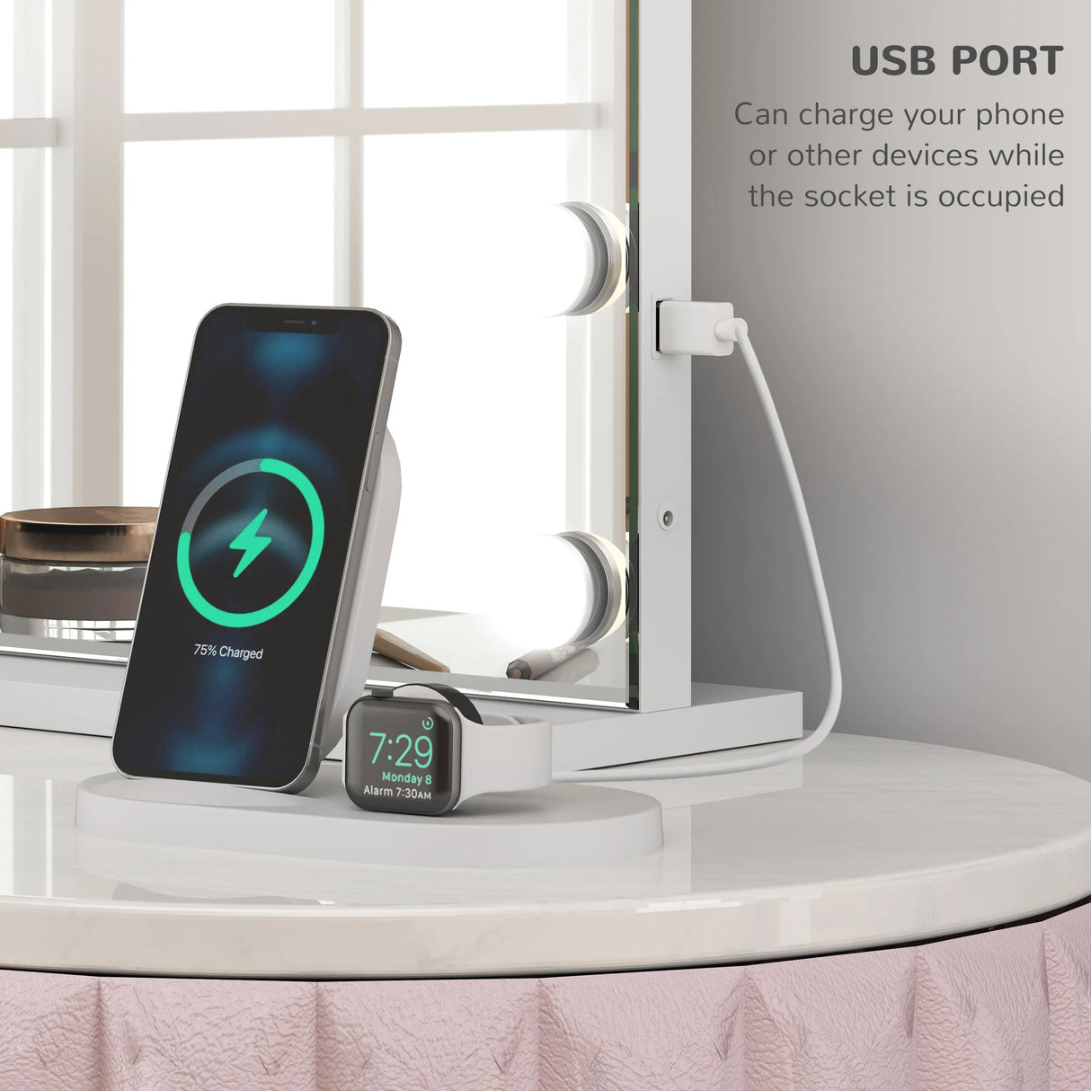 HOMCOM Hollywood Vanity Mirror with Lights, Large 80x62 cm Lighted Makeup Mirror with 3 Colour, 18 LED Bulbs, 10X Magnifying, USB Charging Port, Touch Screen, Tabletop or Wall Mounted Design, White