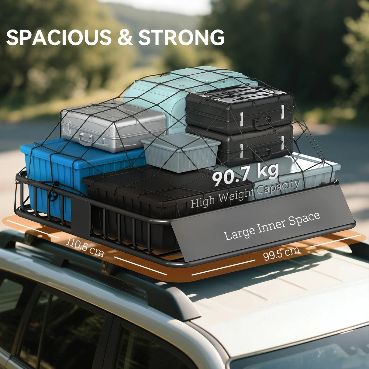 HOMCOM Universal Roof Rack Basket Tray, 90.7 kg Steel Car Rooftop Luggage Cargo Carrier Holder with Wind Fairing, Side Rails for SUVs, Pickups, Sedans, Off-Road Vehicles, 110.5 x 99.5 x 18.5 cm, Black