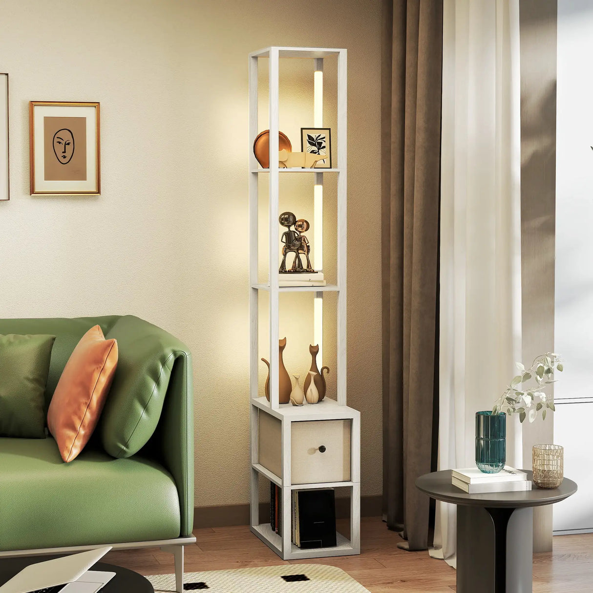 HOMCOM Floor Lamp with Shelves, LED Column Modern Standing Lamp with Fabric Drawer, Adjustable Brightness, Foot Switch for Living Room, Bedroom, Office, White