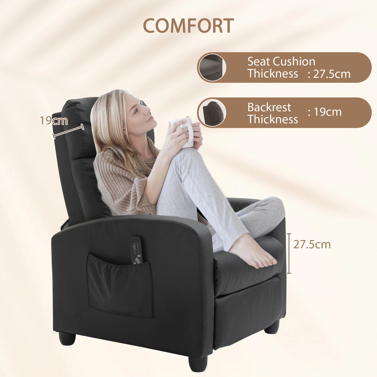 HOMCOM Massage Recliner Armchair with 150 Recline, Faux Leather, Side Pocket, Black