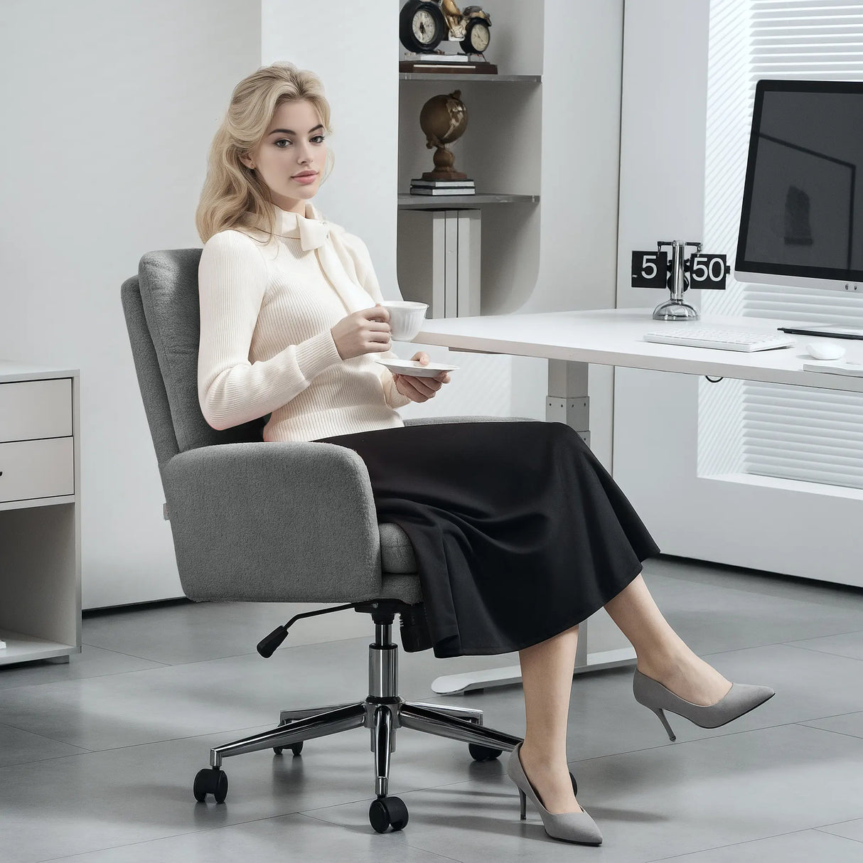 HOMCOM 91-99cm Sherpa Fleece Office Chair - Grey