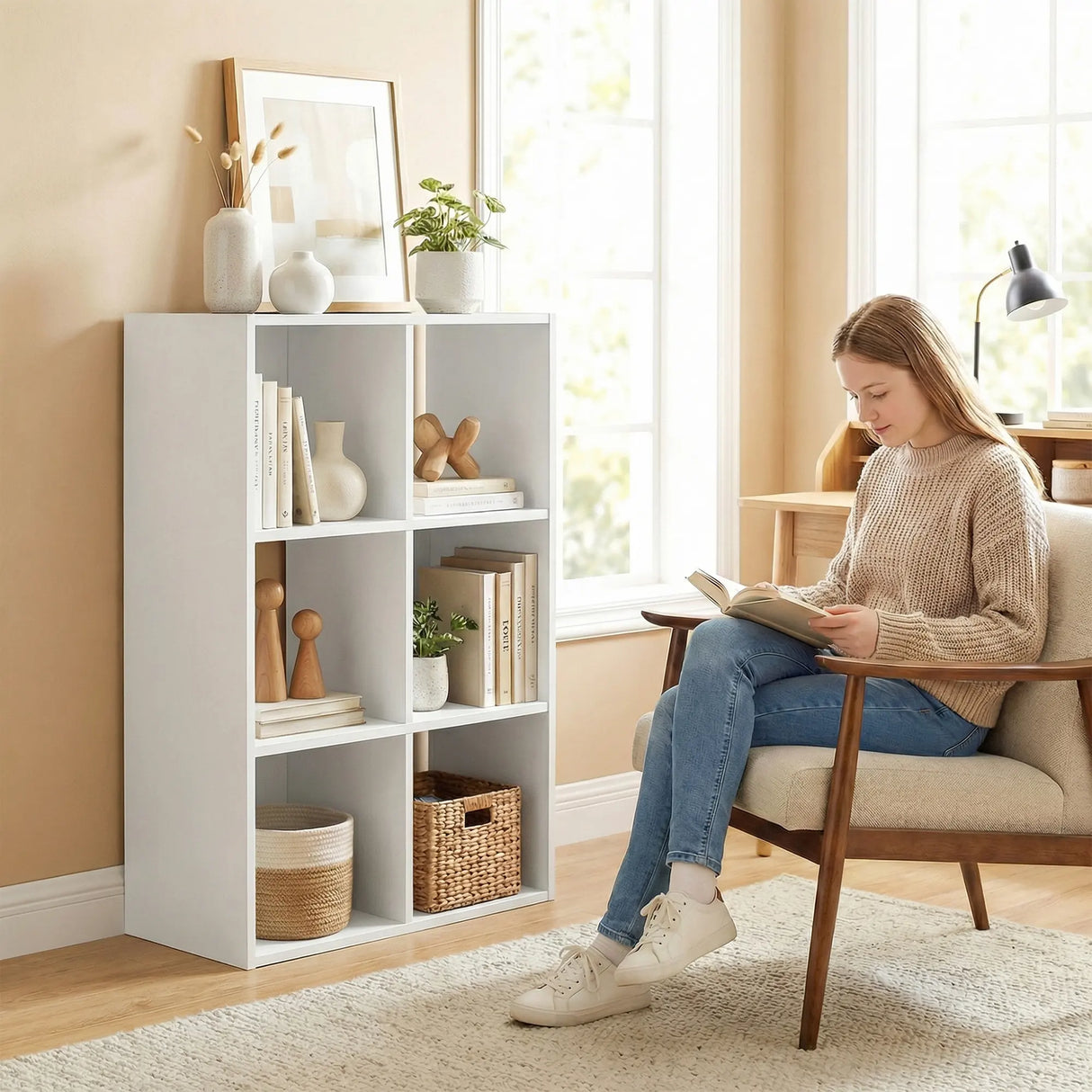 HOMCOM Industrial Style Storage Shelf, Bookcase, Bookshelf with 6 Compartments, for Living Room, Home Study, White Wood Effect