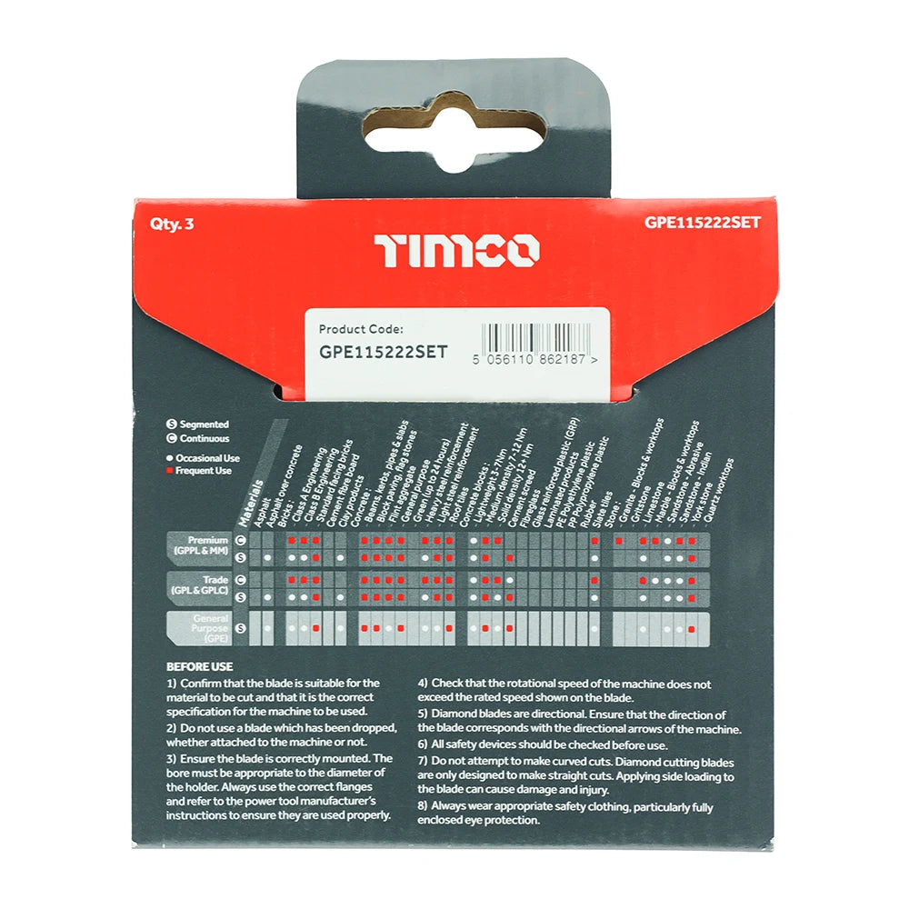 3 x TIMCO General Purpose Diamond Blade Segmented - 115 x 22.2