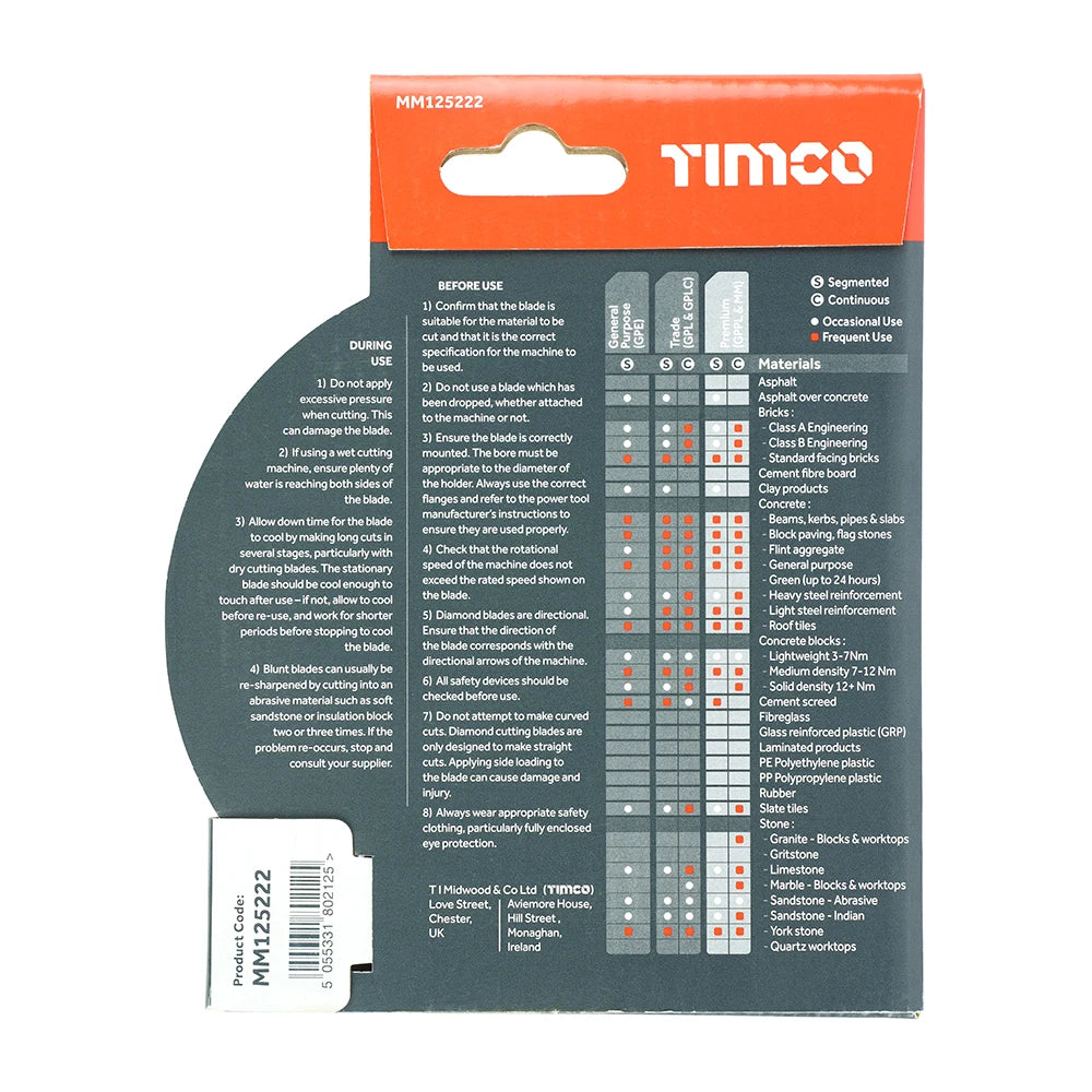 TIMCO Premium Diamond Blade Continuous - 125 x 22.2