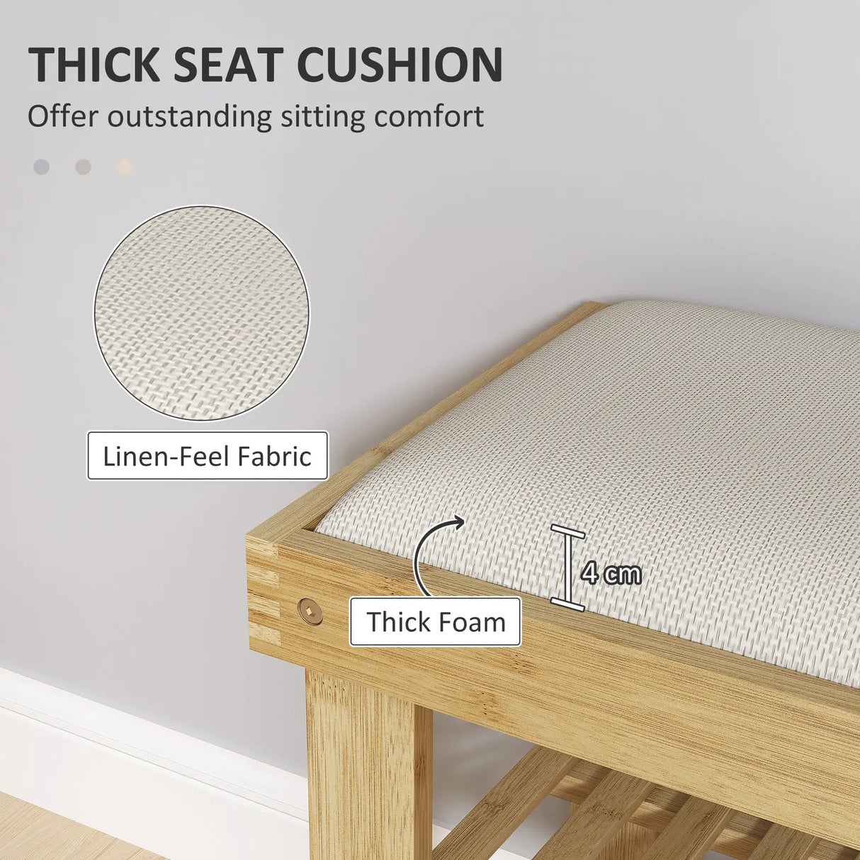 HOMCOM Bamboo Shoe Storage Bench, 3-Tier Shoe Bench with Seat Cushion, Shoe Rack for Entryway, Hallway, Living Room, Bedroom, Cream White