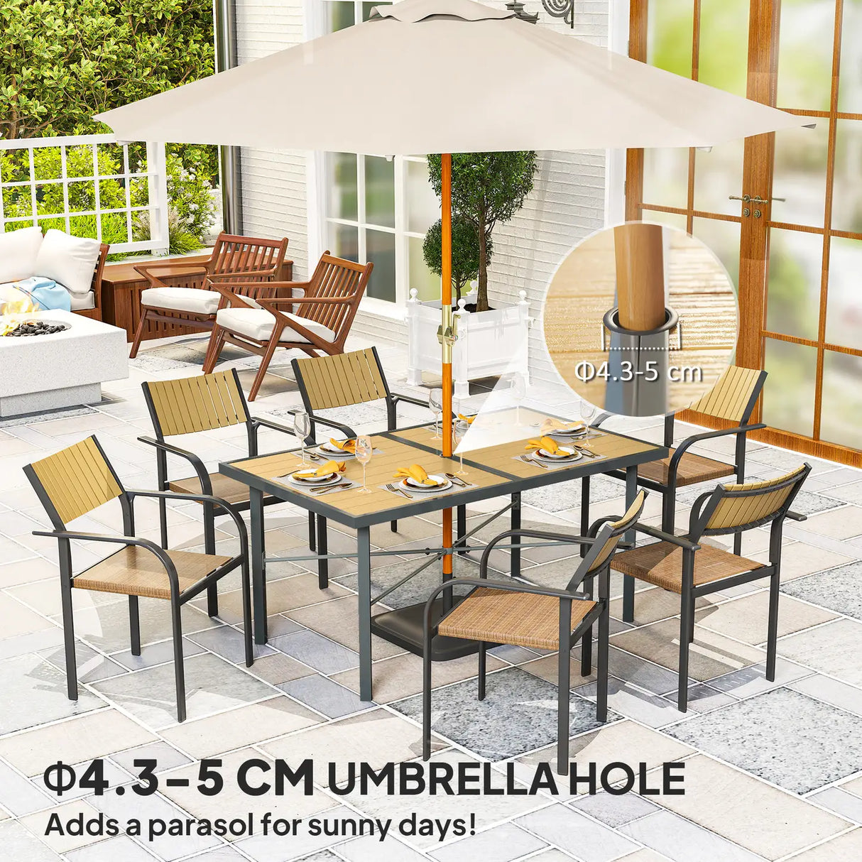 Outsunny Garden Table for 6, 150 cm Rectangular Outdoor Dining Table with 5 cm Umbrella Hole, Wood Effect Top, Rust Resistant Frame, for Patio, Balcony, Terrace, Natural Wood Finish
