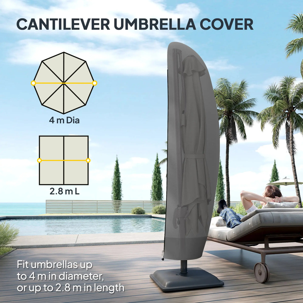 Outsunny Parasol Cover, 600D Oxford Cantilever Umbrella Cover Fit for 2-4m Parasol, Banana Umbrella Protector with Zipper for Outdoor Garden, Patio, Black