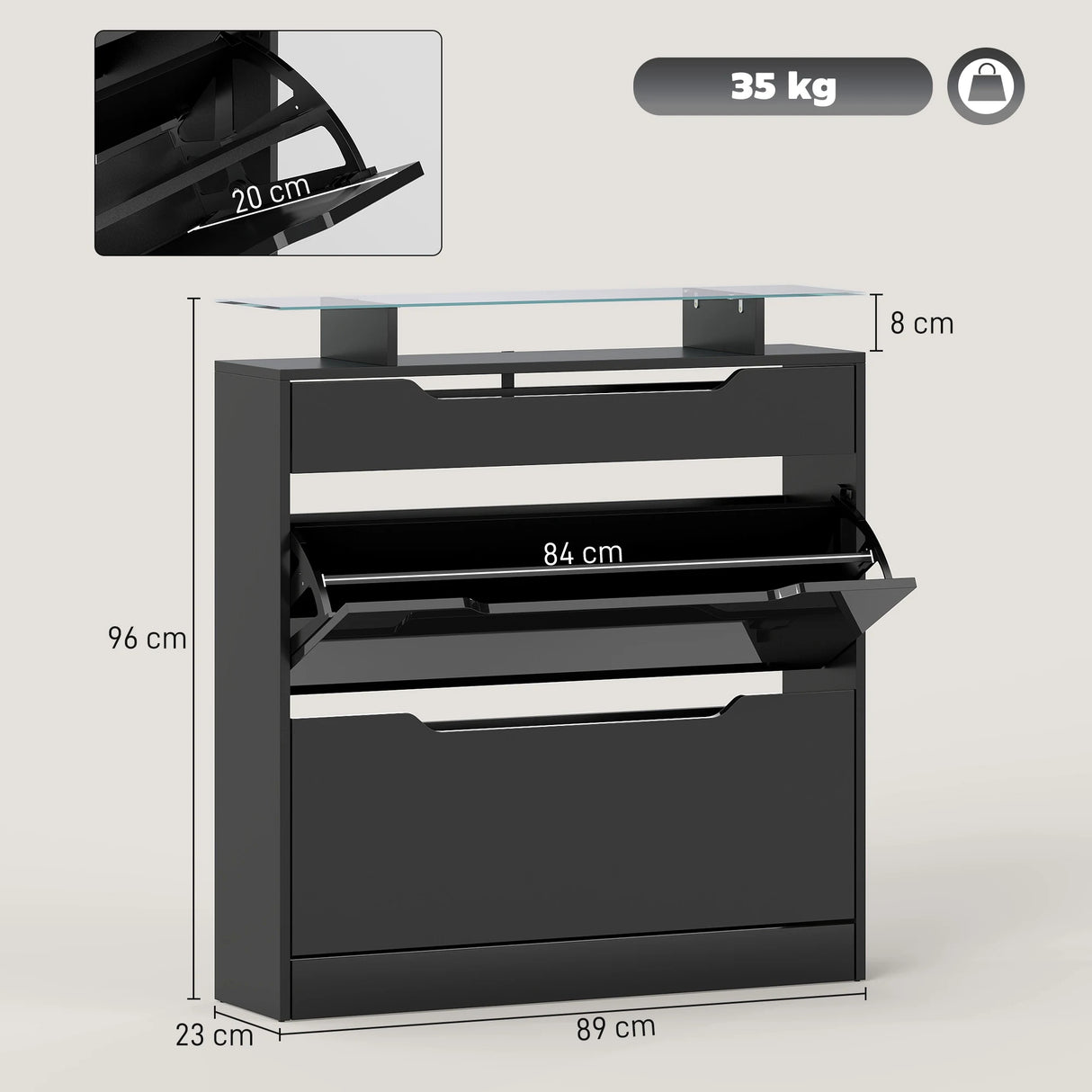 HOMCOM Shoe Storage Cabinet with Slide Out Drawer, 2 Flip Doors, Tempered Glass Top - Black