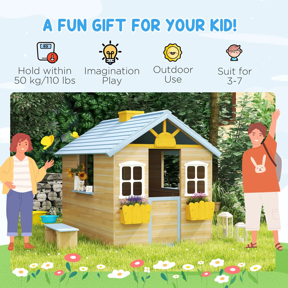 Outsunny Wooden Playhouse, Wendy House w/ Door, Bench, Flowerpot Holder, For Ages 3-7 Years, Blue
