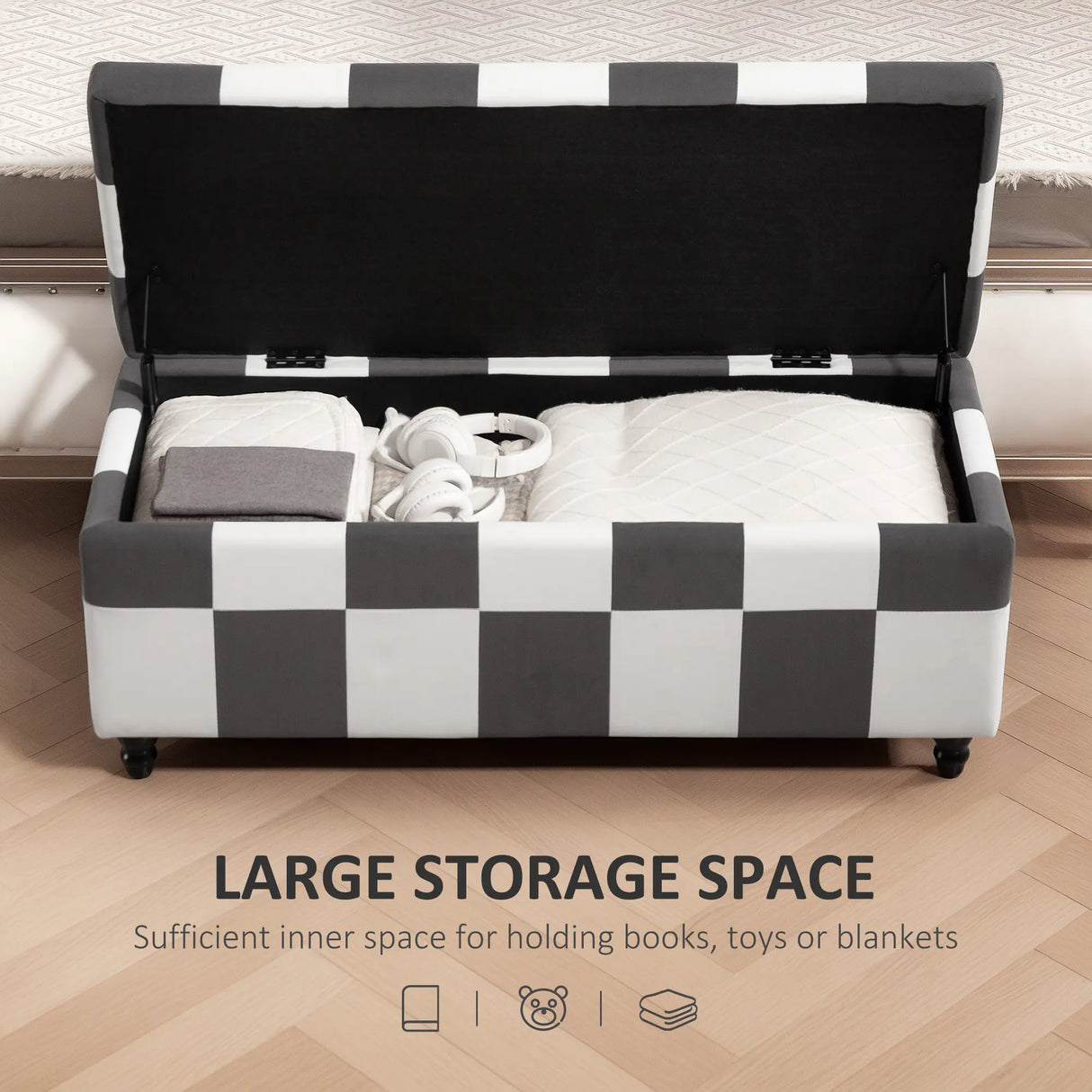 HOMCOM 114 x 47 x 47cm Velvet Storage Ottoman, Button-tufted Footstool Box, Toy Chest with Lid for Living Room, Bedroom, Dark Grey and White