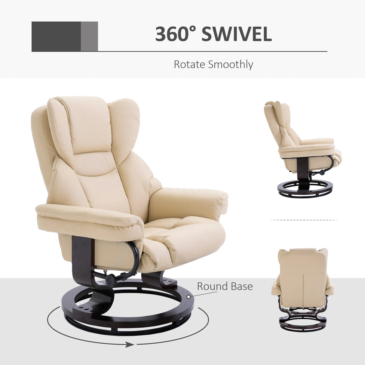 HOMCOM 360 Swivel Recliner Chair with Footstool, PU Leather Manual Recliner Armchair with Footstool, Solid Wood Base, Upholstered Reclining Chair for Living Room, Bedroom, Office, Cream