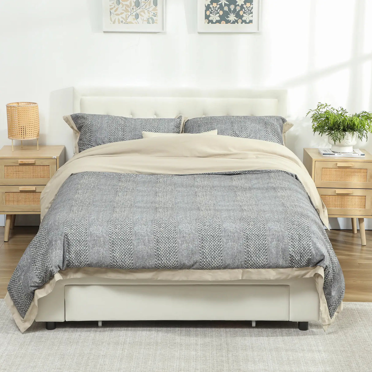 HOMCOM Double Ottoman Bed Frame, with Front Drawer - Cream