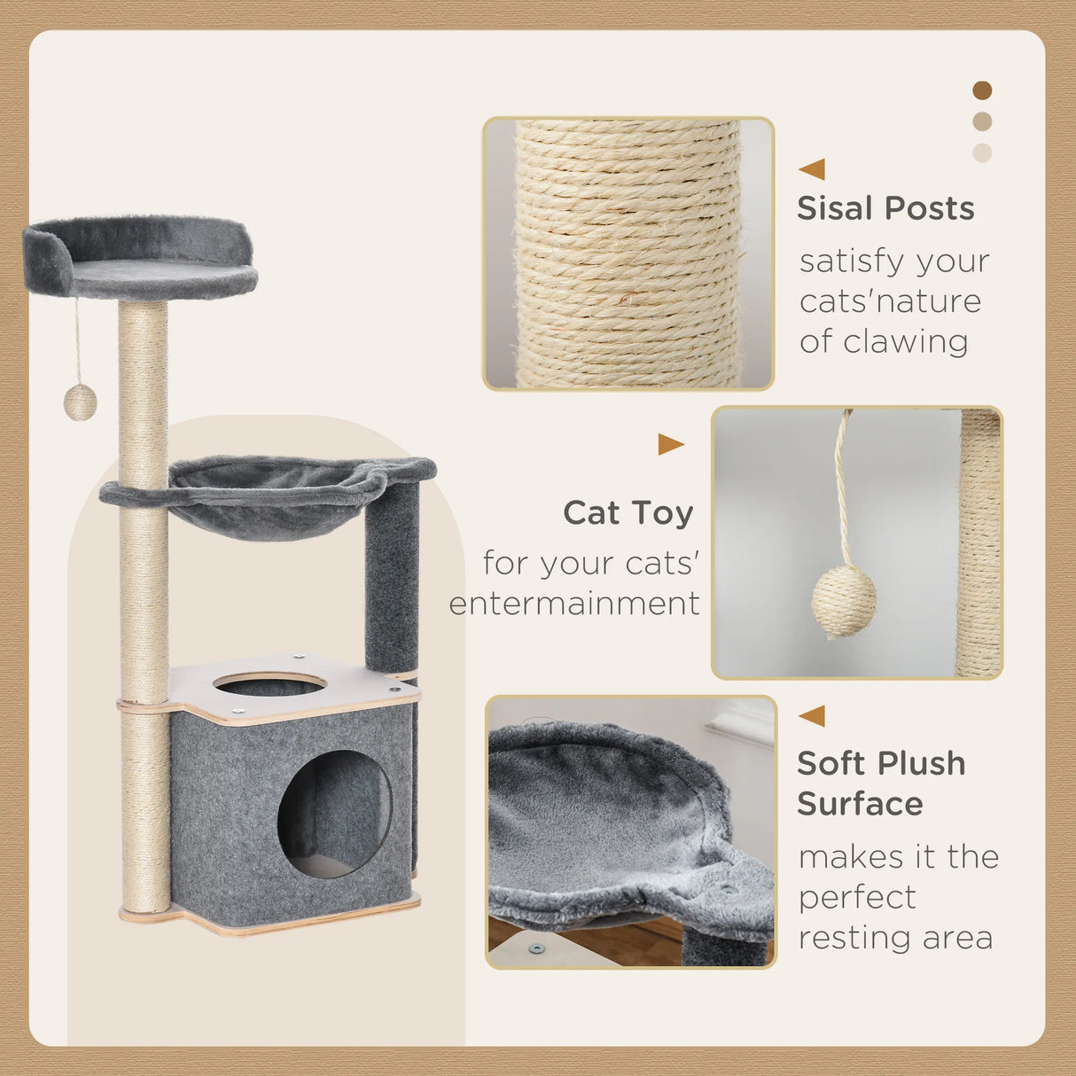 PawHut Cat Tree for Indoor Cats 95cm Climbing Tower Kitten Activity Center with Sisal Scratching Post Perch Roomy Condo Hammock Removable Felt Hanging Toy, Grey