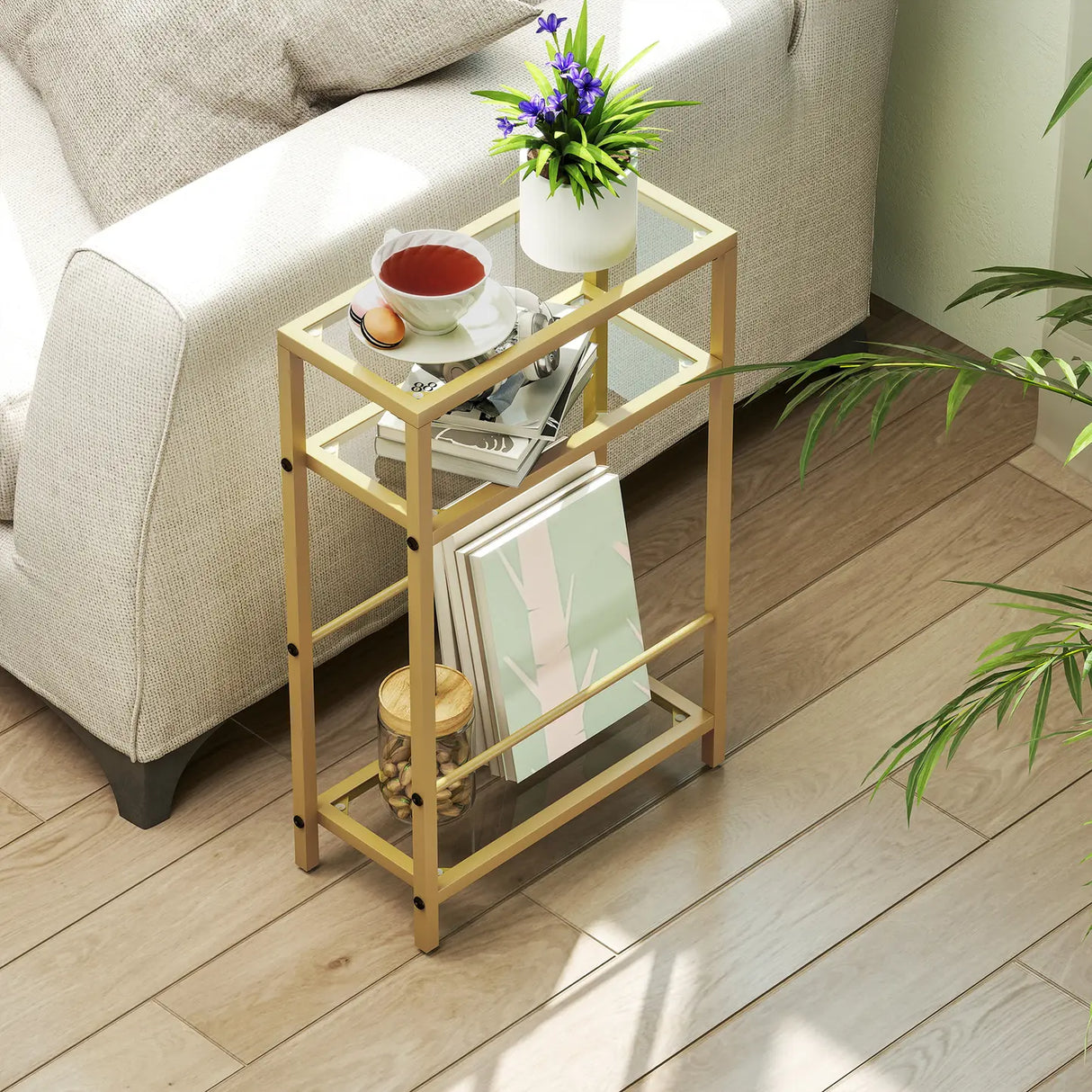 HOMCOM 3-Tier Side Table, Narrow End Table with Storage Shelf and Tempered Glass Tabletop for Small Spaces, Bedroom, Living Room, Entryway, Gold Tone