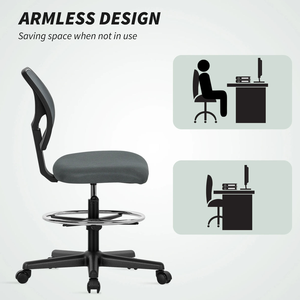 Vinsetto Ergonomic Mesh Standing Desk Chair with Adjustable Footrest Ring and Seat Height Charcoal Grey