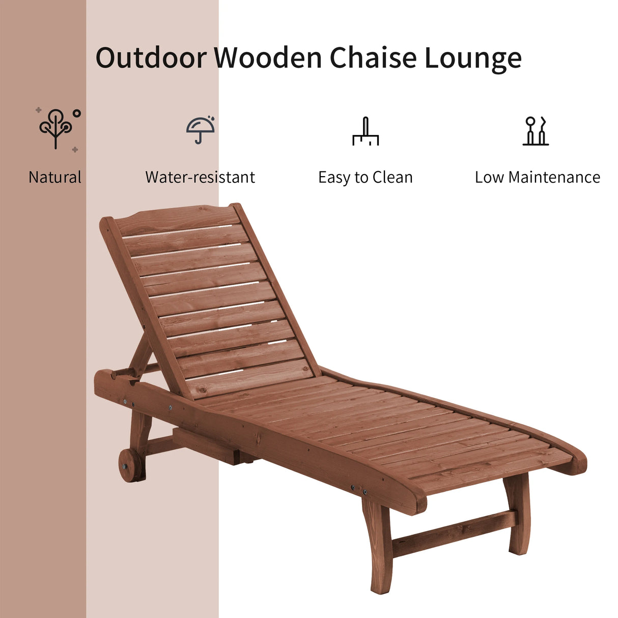 Outsunny Outdoor Wooden Lounger Chair, Sun Bed with Built-In Table, Adjustable Backrest and Wheels, Red Brown