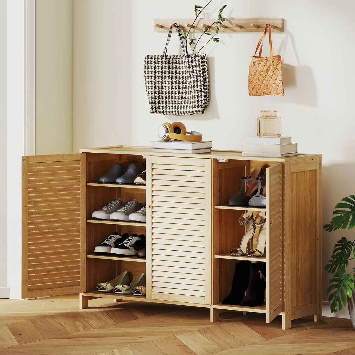 HOMCOM Bamboo Shoe Cabinet with Louvered Doors, 18 Pairs Shoe Storage Cabinet with Adjustable Shelves for Hallway, Natural