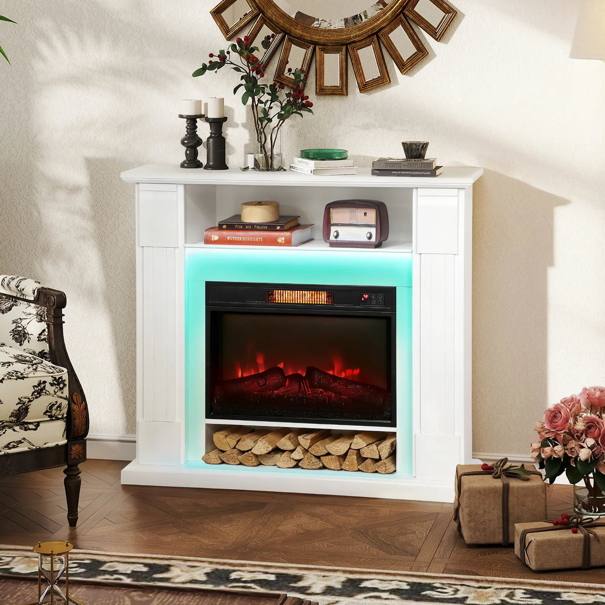 HOMCOM 6142 BTU Electric Fireplace and LED Mantel, 17-27C - White