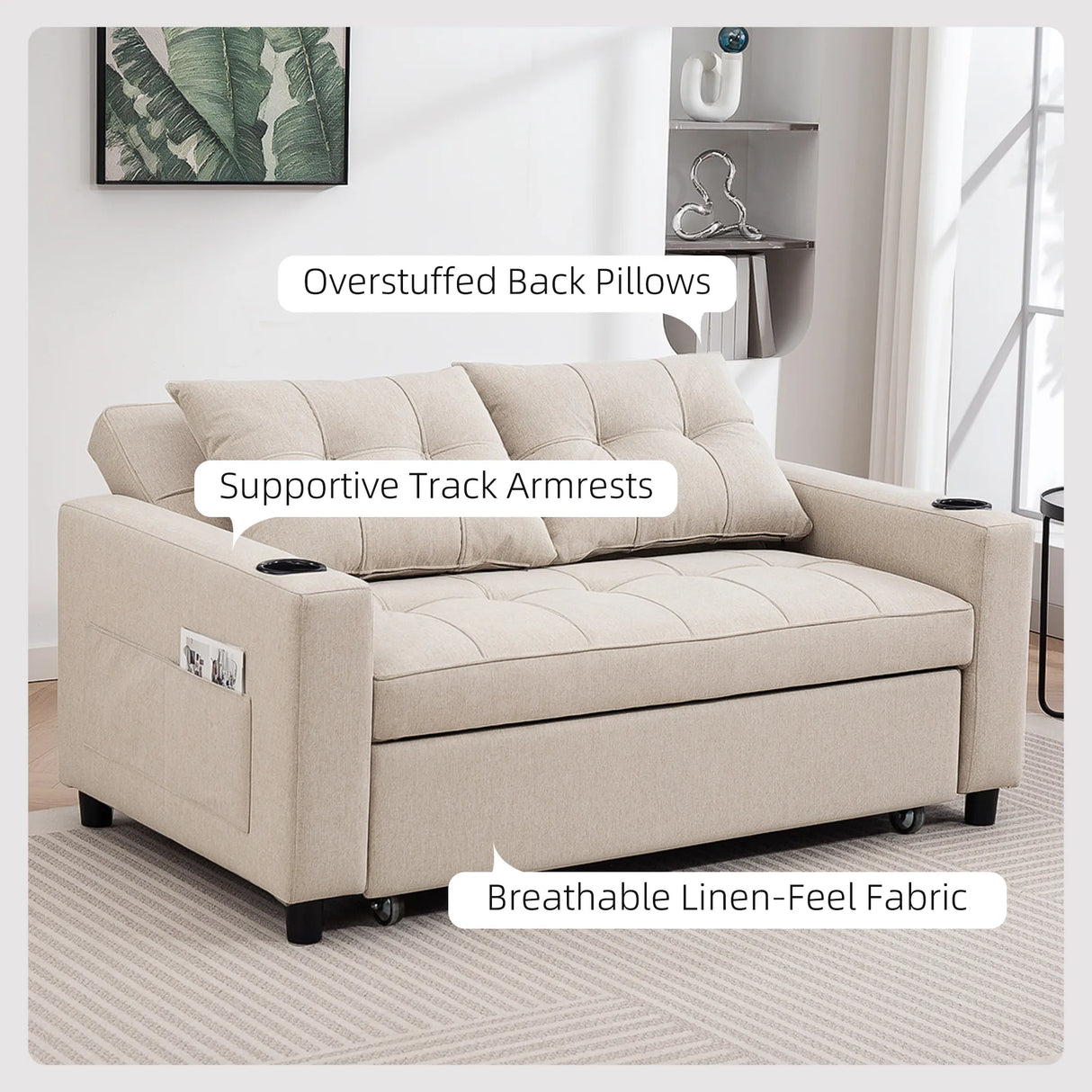 HOMCOM Two-Seater Pull-Out Sofa Bed - Beige