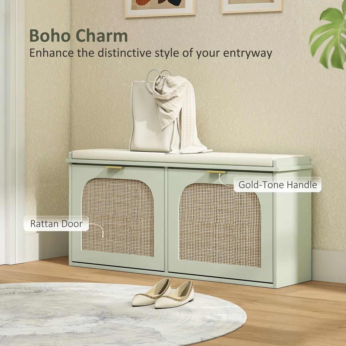 HOMCOM Boho Shoe Bench with Padded Seat and 2 Flip-Drawers - Light Green