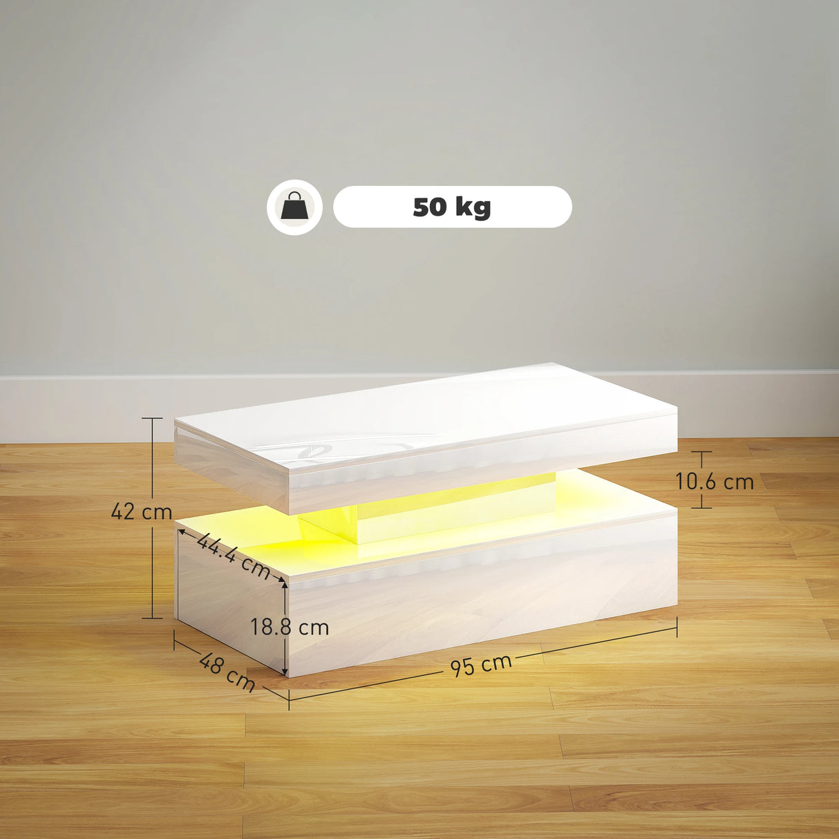 HOMCOM LED Coffee Table with Storage - High Gloss White
