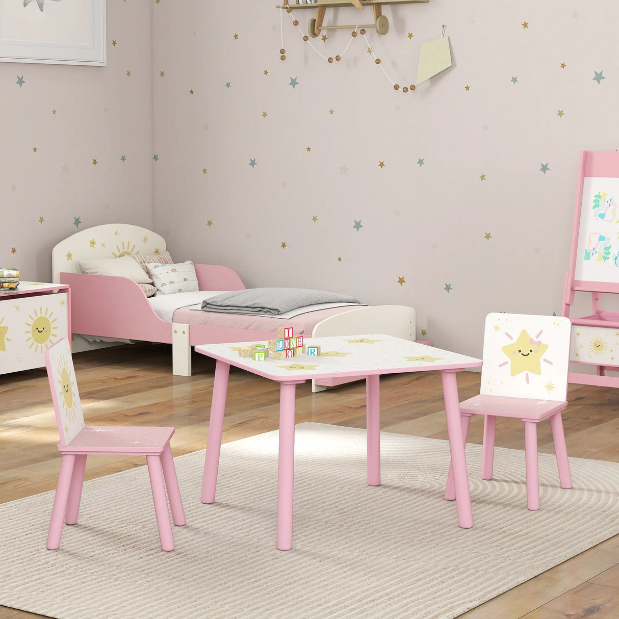 AIYAPLAY 3-Piece Toddler Table and Chair Set, Kids Table with 2 Chairs Set for Bedroom, Nursery, Playroom, Pink
